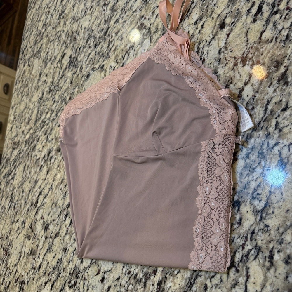 Delta Burke 3X Taupe Stretchy Satin Lace V-Neck Slip Style Nighty Nightgown - Picture 13 of 14